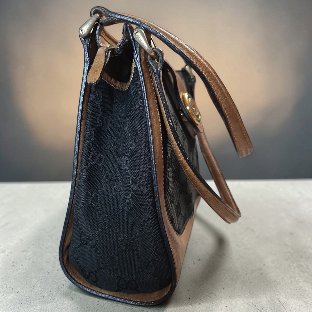 Gucci VTG Black Canvas Shoulder Bag with Brown Leather Trim And Free Bag Insert - Picture 5 of 13